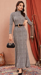 Brown Checked Bodycon Dress with Long Sleeves