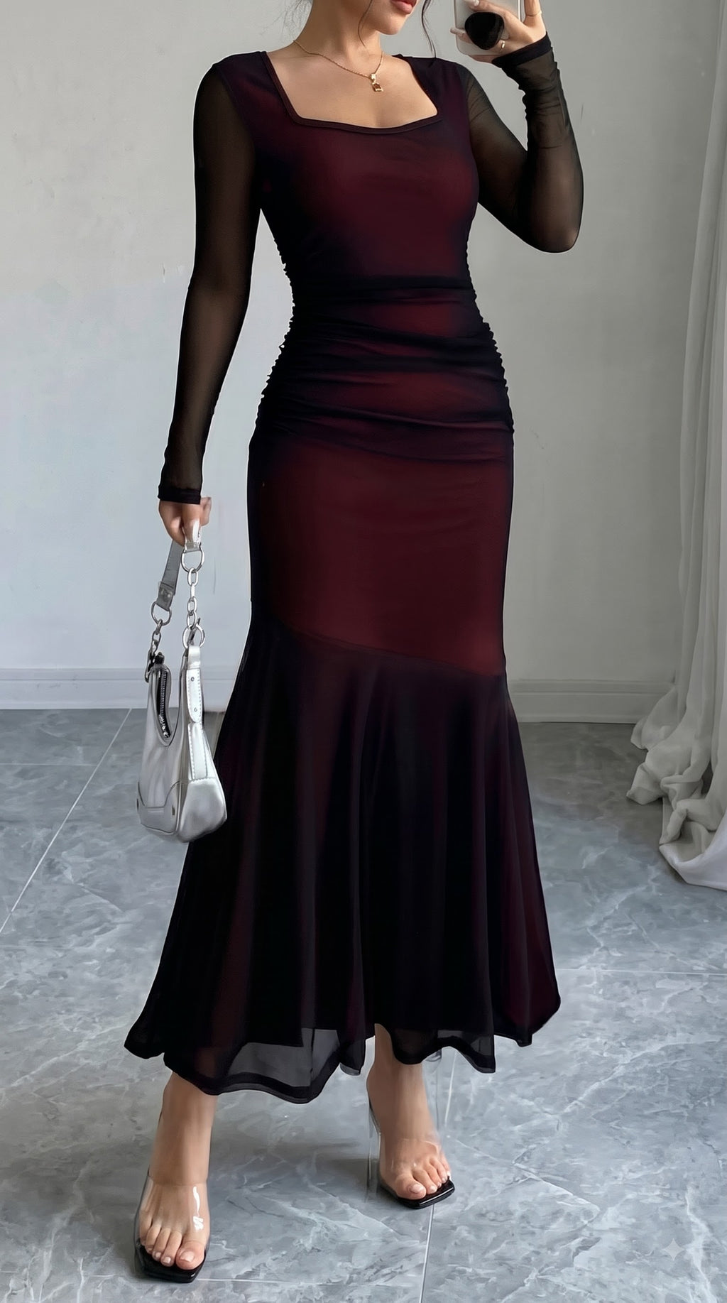 Black Mesh Bodycon Maxi Dress with Square Neck & Long Sleeves