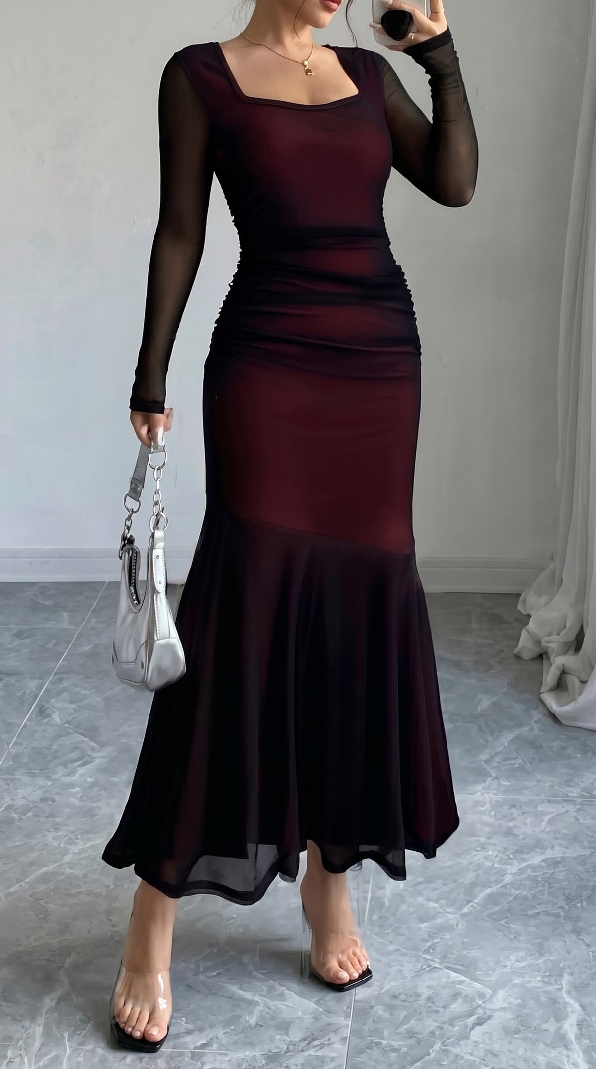 Black Mesh Bodycon Maxi Dress with Square Neck & Long Sleeves