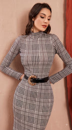 Brown Checked Bodycon Dress with Long Sleeves