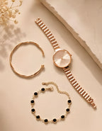 Jewelleza Rose Gold Analog Watch with Black Crystal Charm Bracelet Set for Women