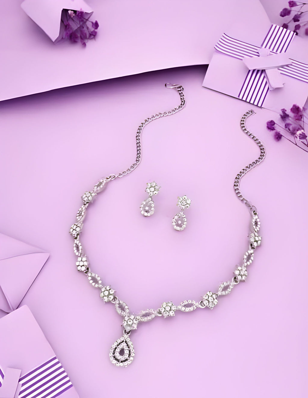 Women's Multicolor American Diamond Gold-Plated Necklace and Earrings Jewellery Set