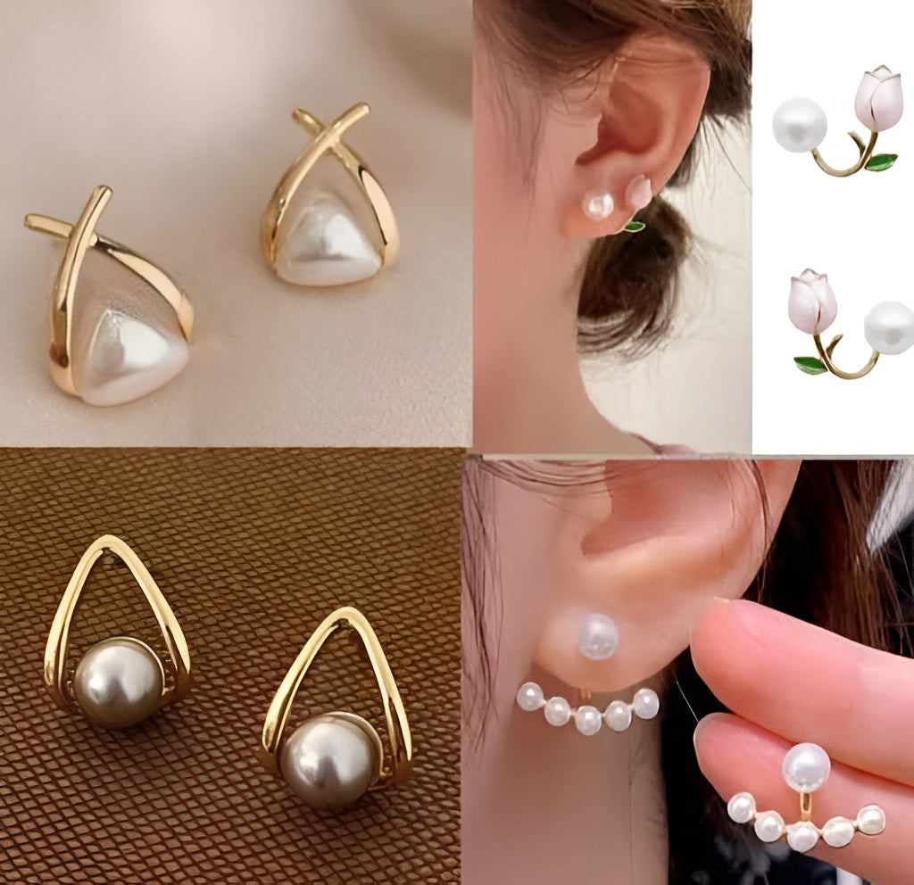 Women's Gold-Plated Pearl Stud Earrings Combo Set – Pack of 4