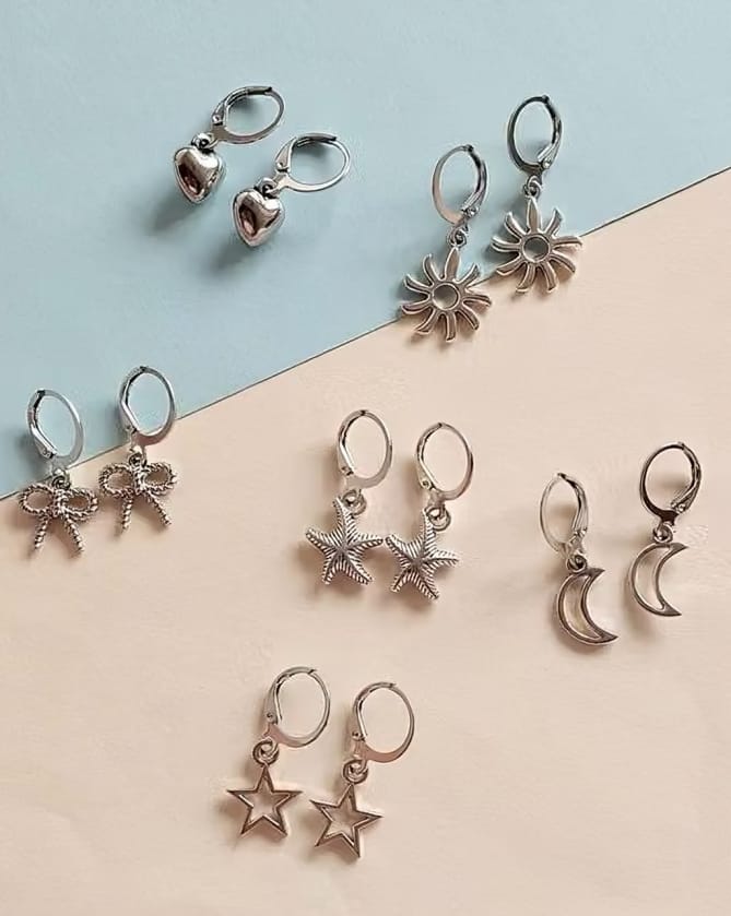 Women's Silver-Tone Korean Hoop & Stud Earrings Combo Set – Pack of 5