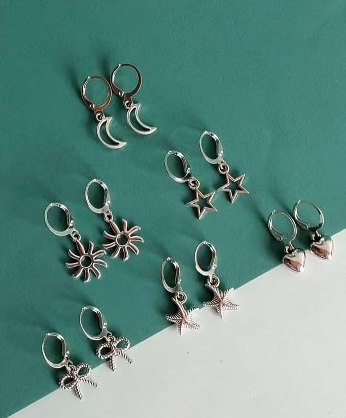 Women's Silver-Tone Korean Hoop & Stud Earrings Combo Set – Pack of 5