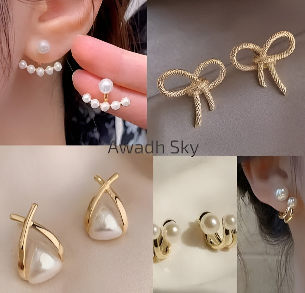 Women's Gold-Plated Pearl Korean Stud Earrings Set – Pack of 4