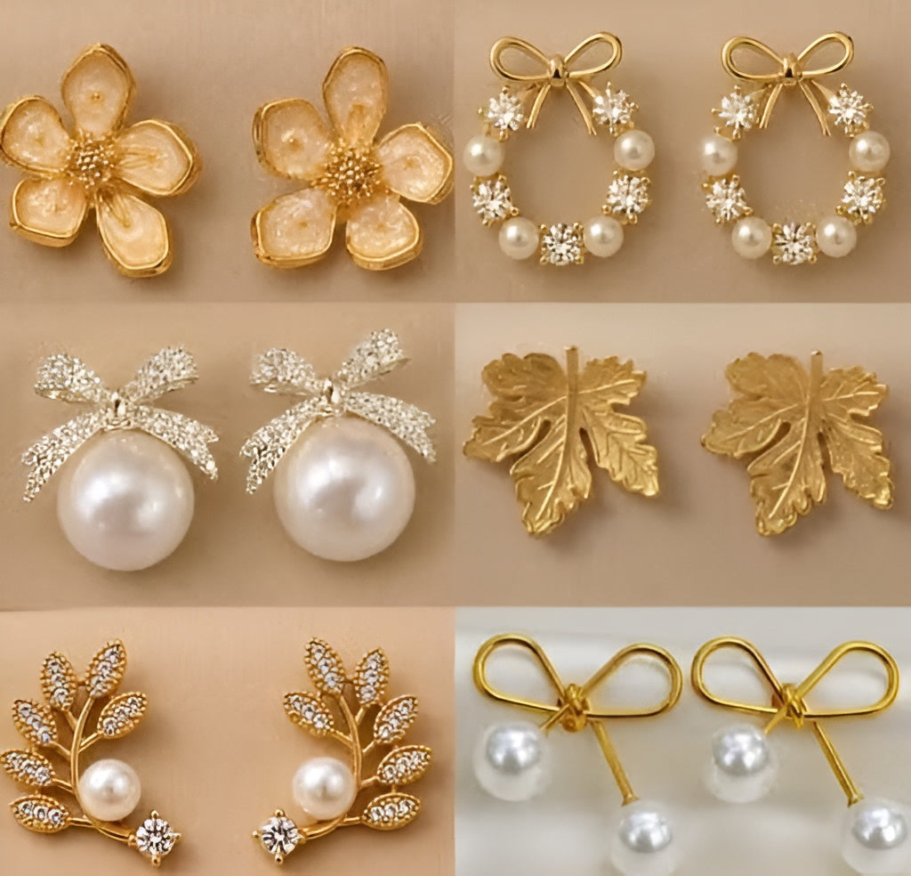 Women's Korean Gold-Plated Pearl Drop Earrings Combo Set – Pack of 5