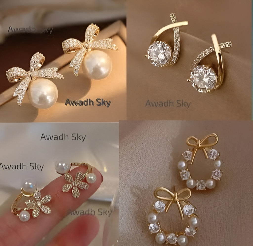 Women's Gold-Plated Pearl & American Diamond Korean Earrings Combo Set – 4 Pieces