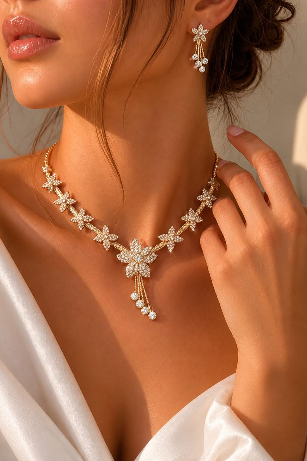 Women's White American Diamond Gold-Plated Necklace and Earrings Jewellery Set