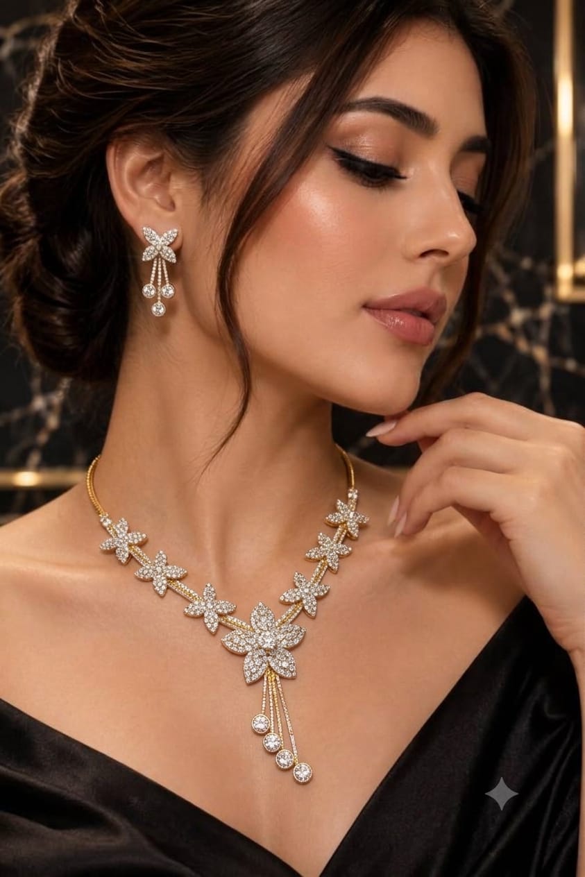 Women's White American Diamond Gold-Plated Necklace and Earrings Jewellery Set
