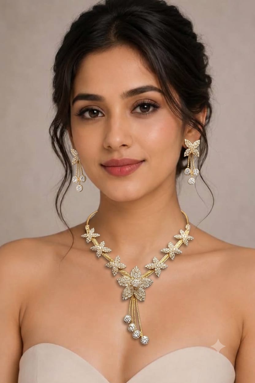 Women's White American Diamond Gold-Plated Necklace and Earrings Jewellery Set