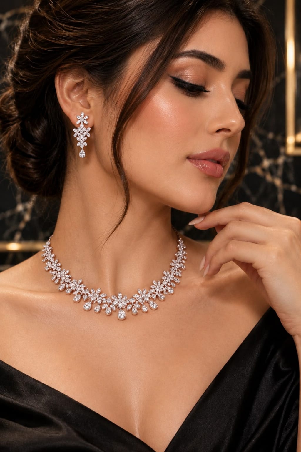 Women's White American Diamond Rhodium-Plated Floral Necklace and Earrings Set