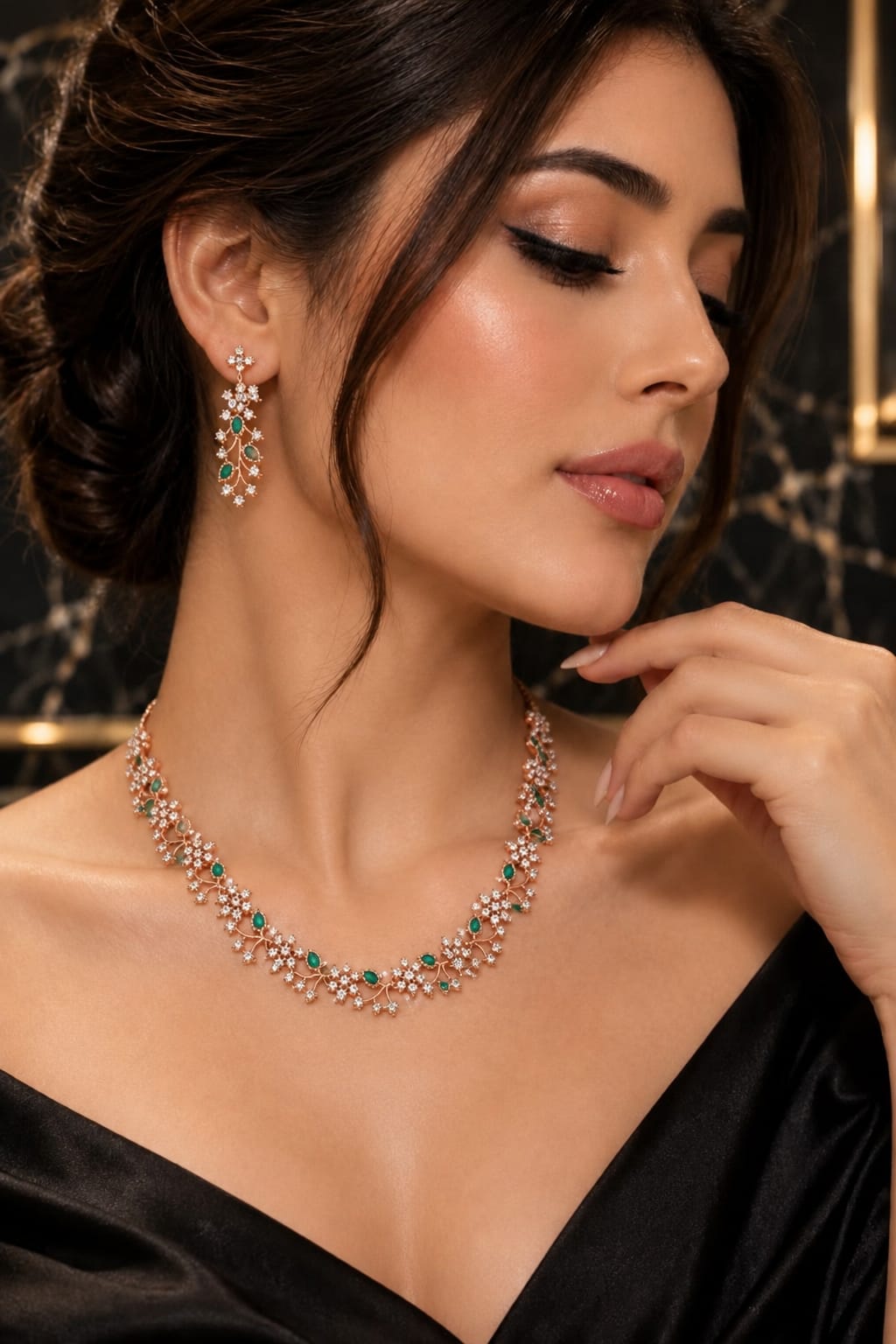 Women's White American Diamond Silver-Plated Choker Necklace and Earrings Set