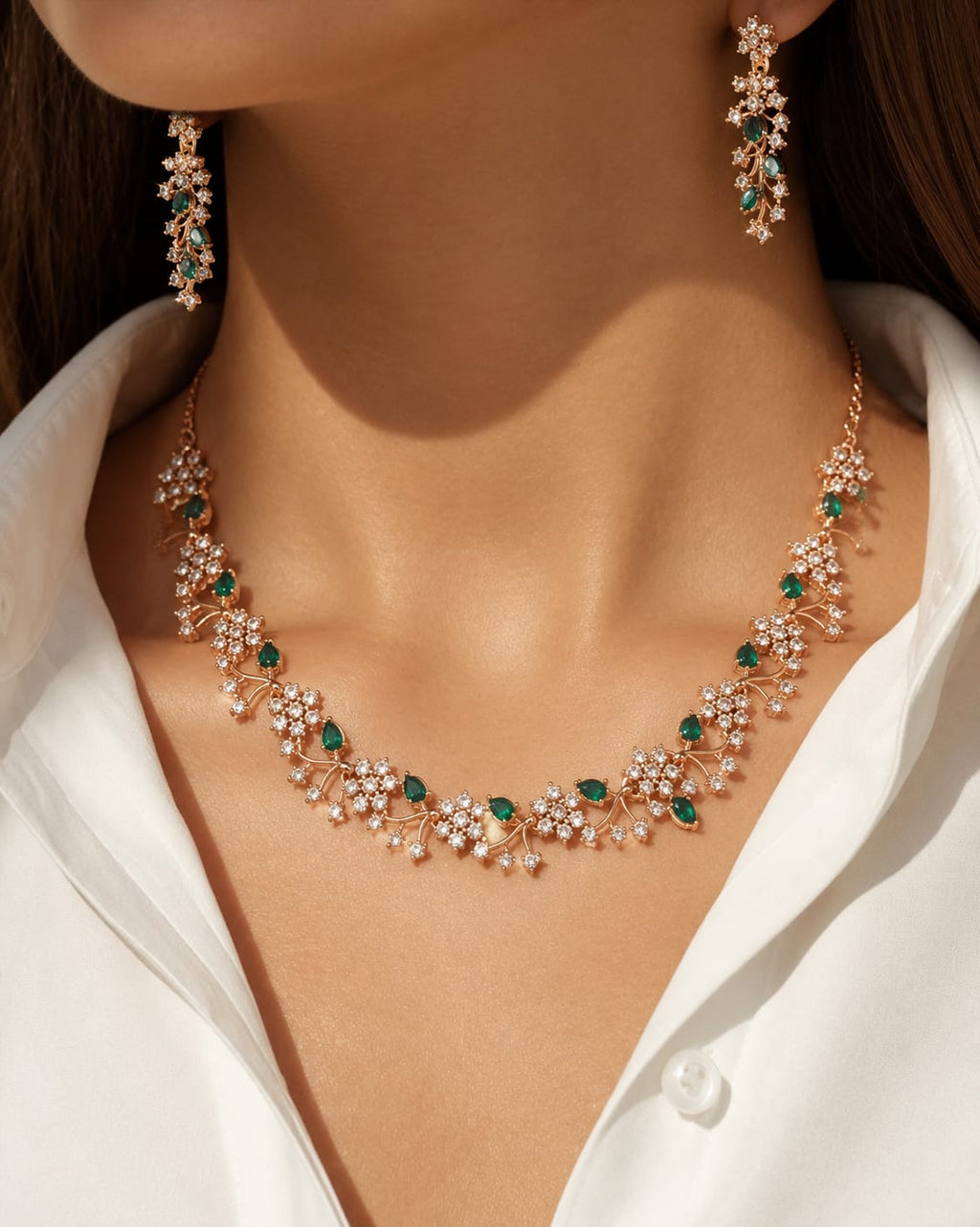 Women's White American Diamond Silver-Plated Choker Necklace and Earrings Set