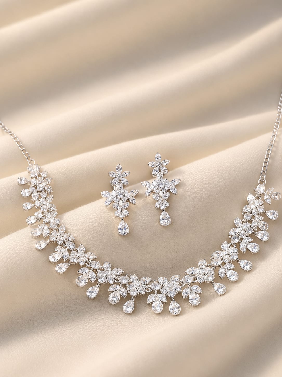Women's White American Diamond Rhodium-Plated Floral Necklace and Earrings Set