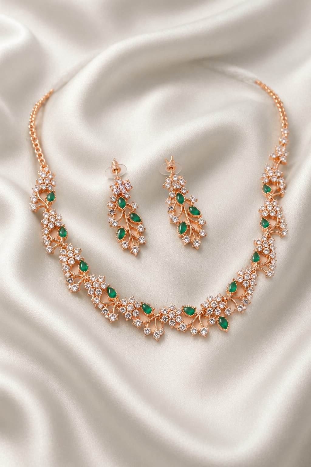 Women's Green Rose Gold-Plated American Diamond Necklace and Earrings Jewellery Set