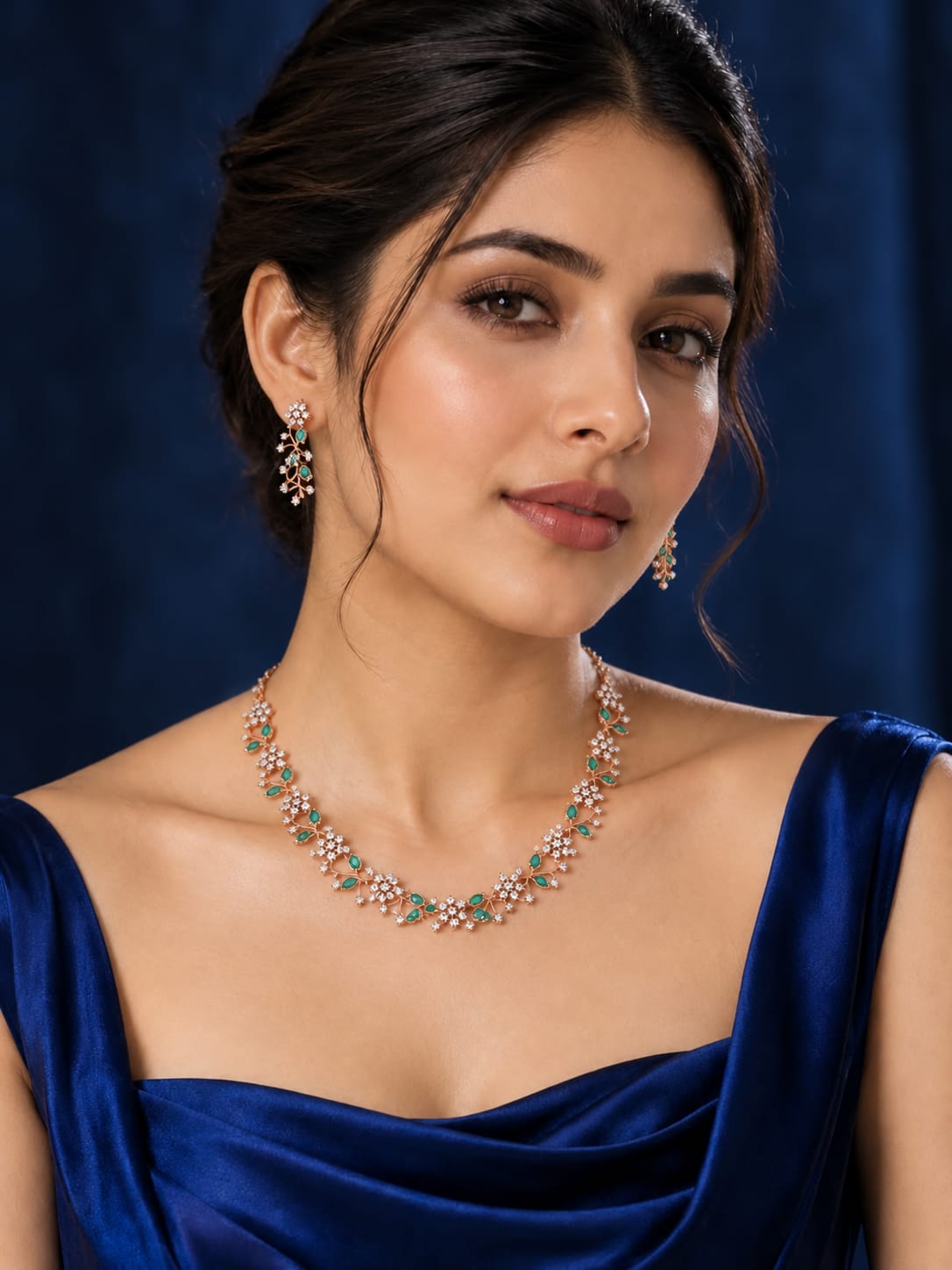 Women's Green Rose Gold-Plated American Diamond Necklace and Earrings Jewellery Set