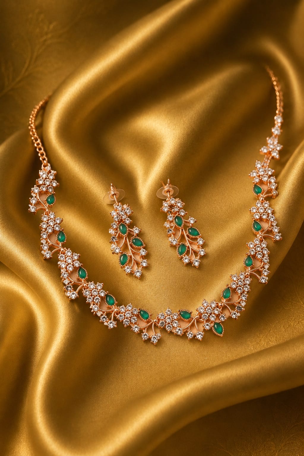 Women's Green Rose Gold-Plated American Diamond Necklace and Earrings Jewellery Set