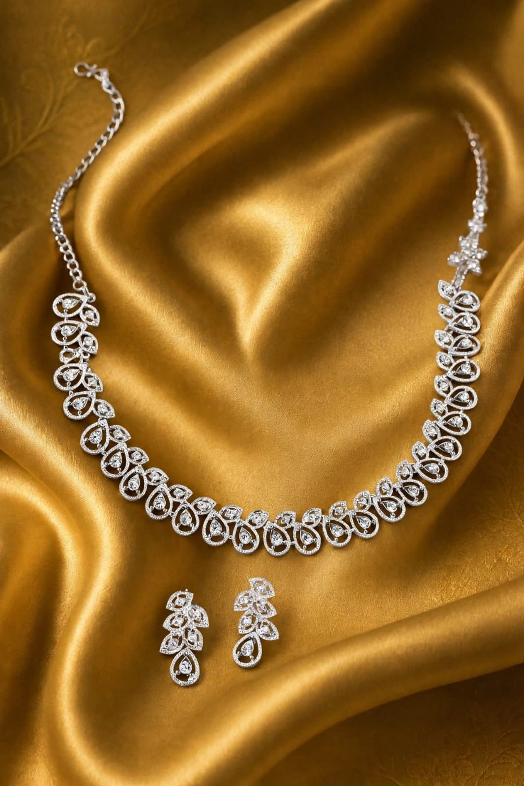 Women's White American Diamond Silver-Plated Minimal Necklace and Earrings Jewellery Set