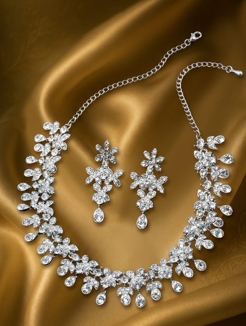 Women's White American Diamond Rhodium-Plated Floral Necklace and Earrings Set