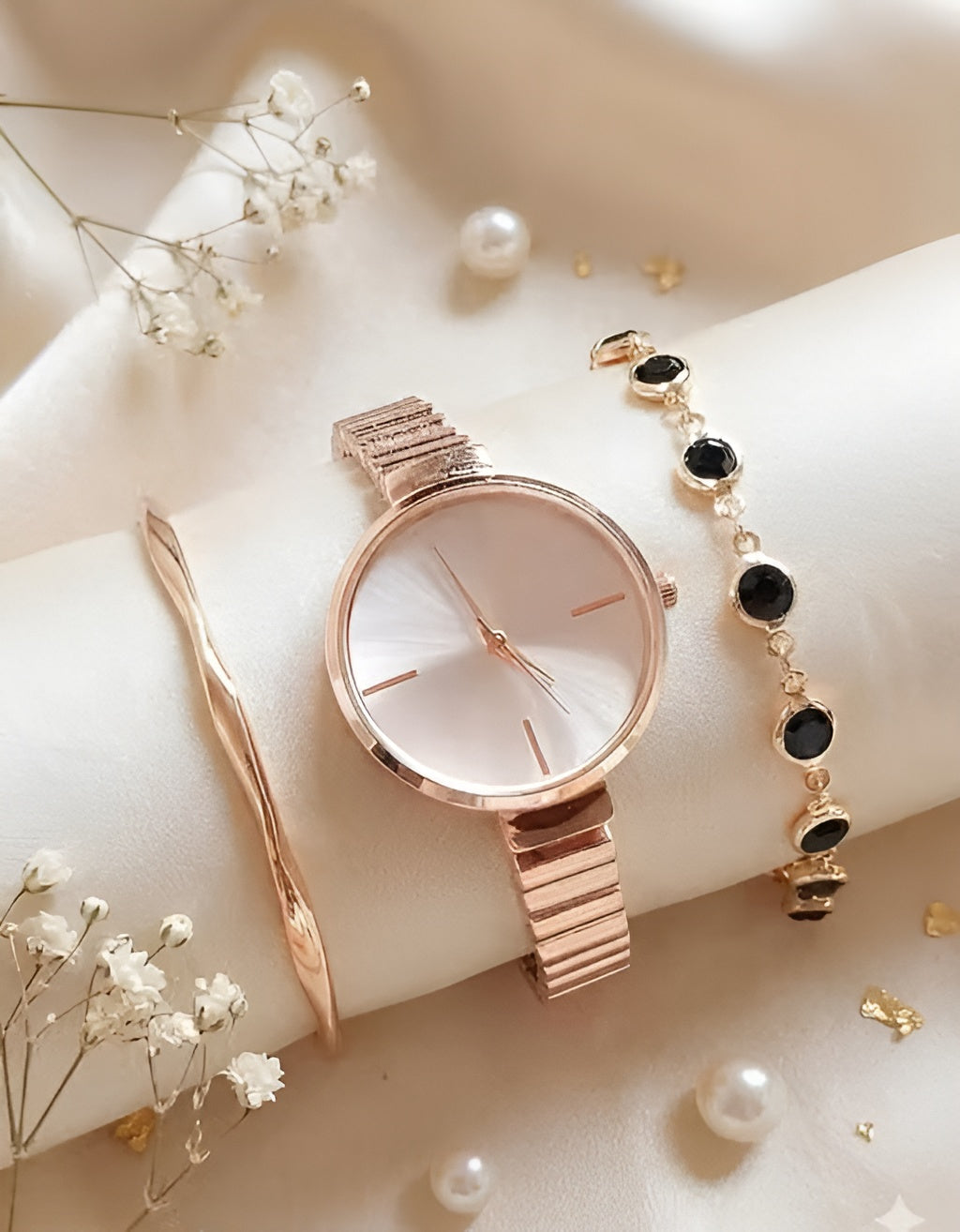 Jewelleza Rose Gold Analog Watch with Black Crystal Charm Bracelet Set for Women