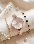 Jewelleza Rose Gold Analog Watch with Black Crystal Charm Bracelet Set for Women