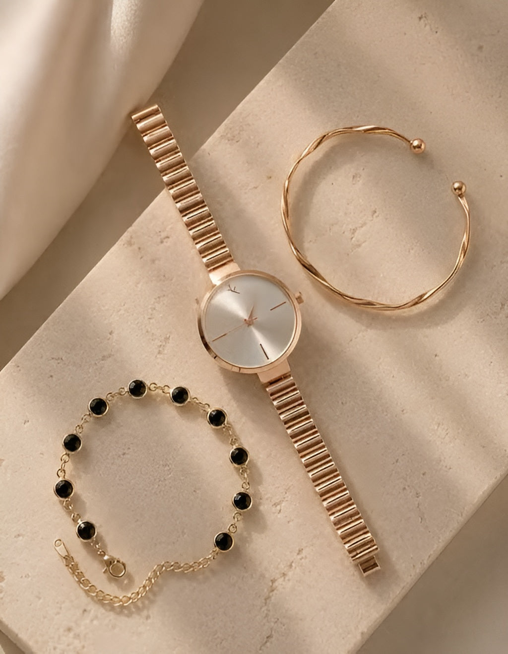Jewelleza Rose Gold Analog Watch with Black Crystal Charm Bracelet Set for Women
