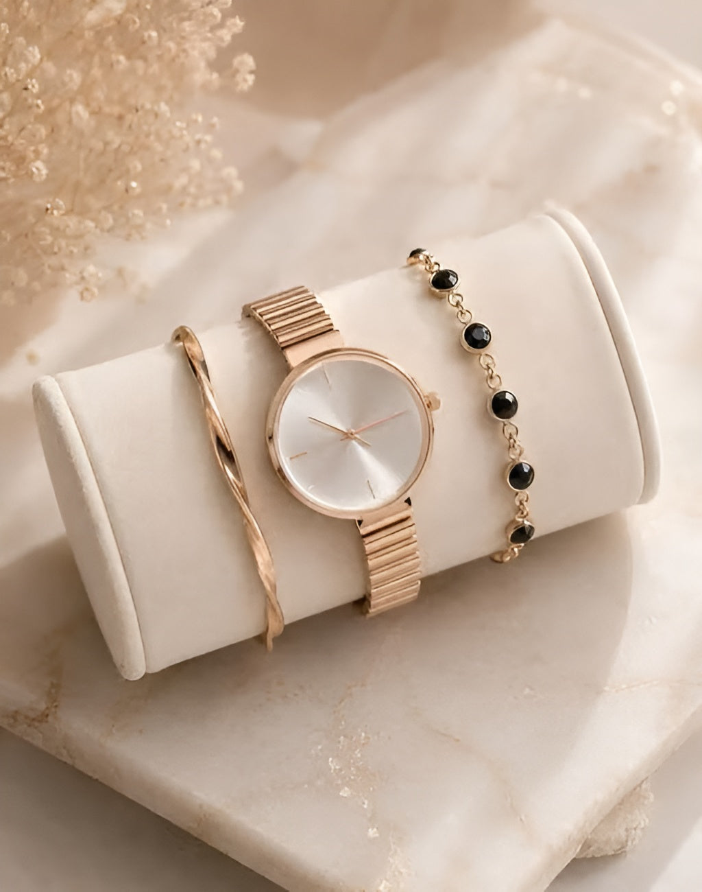 Jewelleza Rose Gold Analog Watch with Black Crystal Charm Bracelet Set for Women